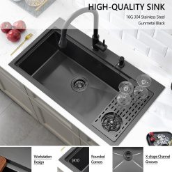 33x19 Drop In Black Kitchen Sink with Glass Rinser, 33x19x10 Inches Drop In 16 Gauge Gunmetal Black Stainless Steel Single Bowl Workstation Kitchen Si