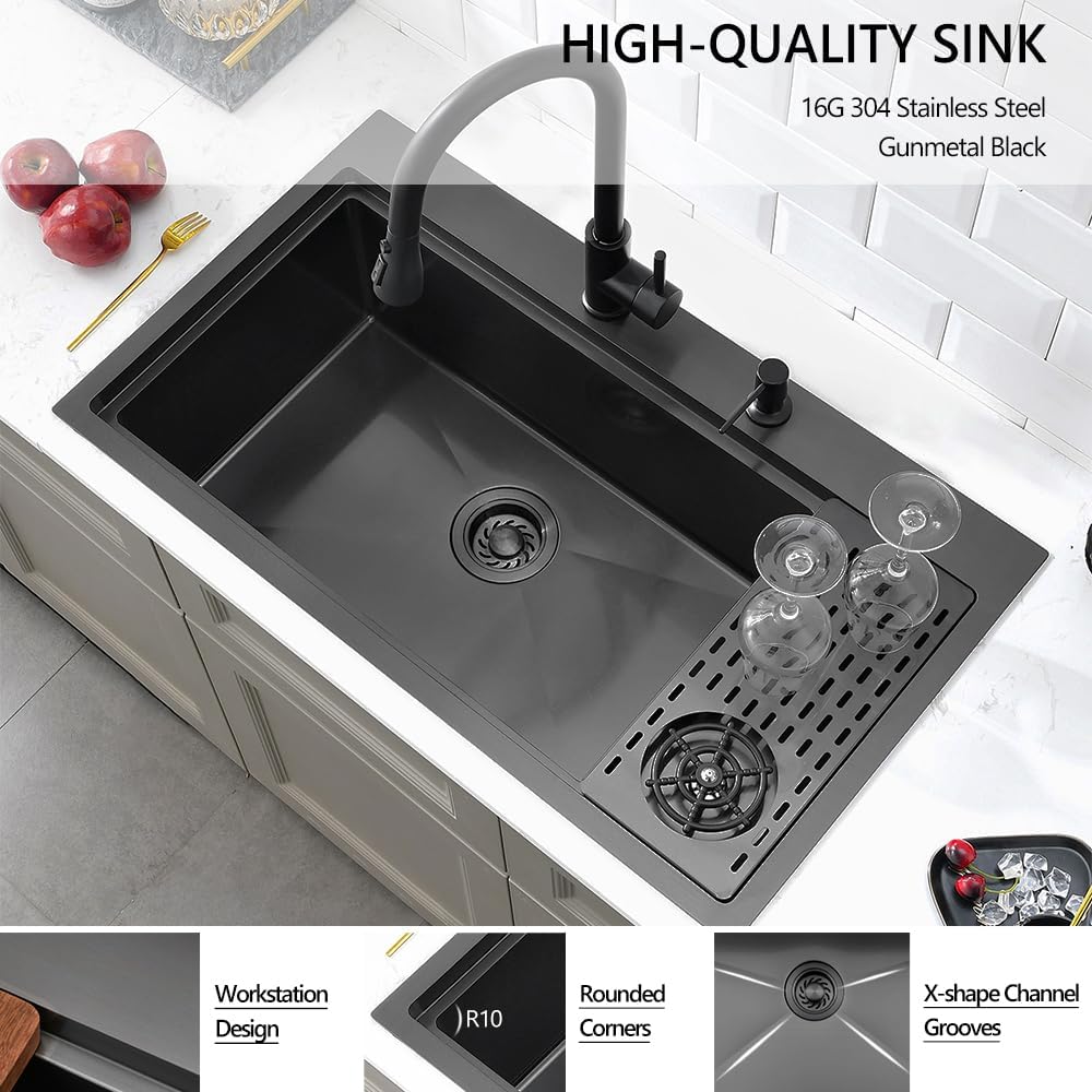 33x19 Drop In Black Kitchen Sink with Glass Rinser, 33x19x10 Inches Drop In 16 Gauge Gunmetal Black Stainless Steel Single Bowl Workstation Kitchen Si
