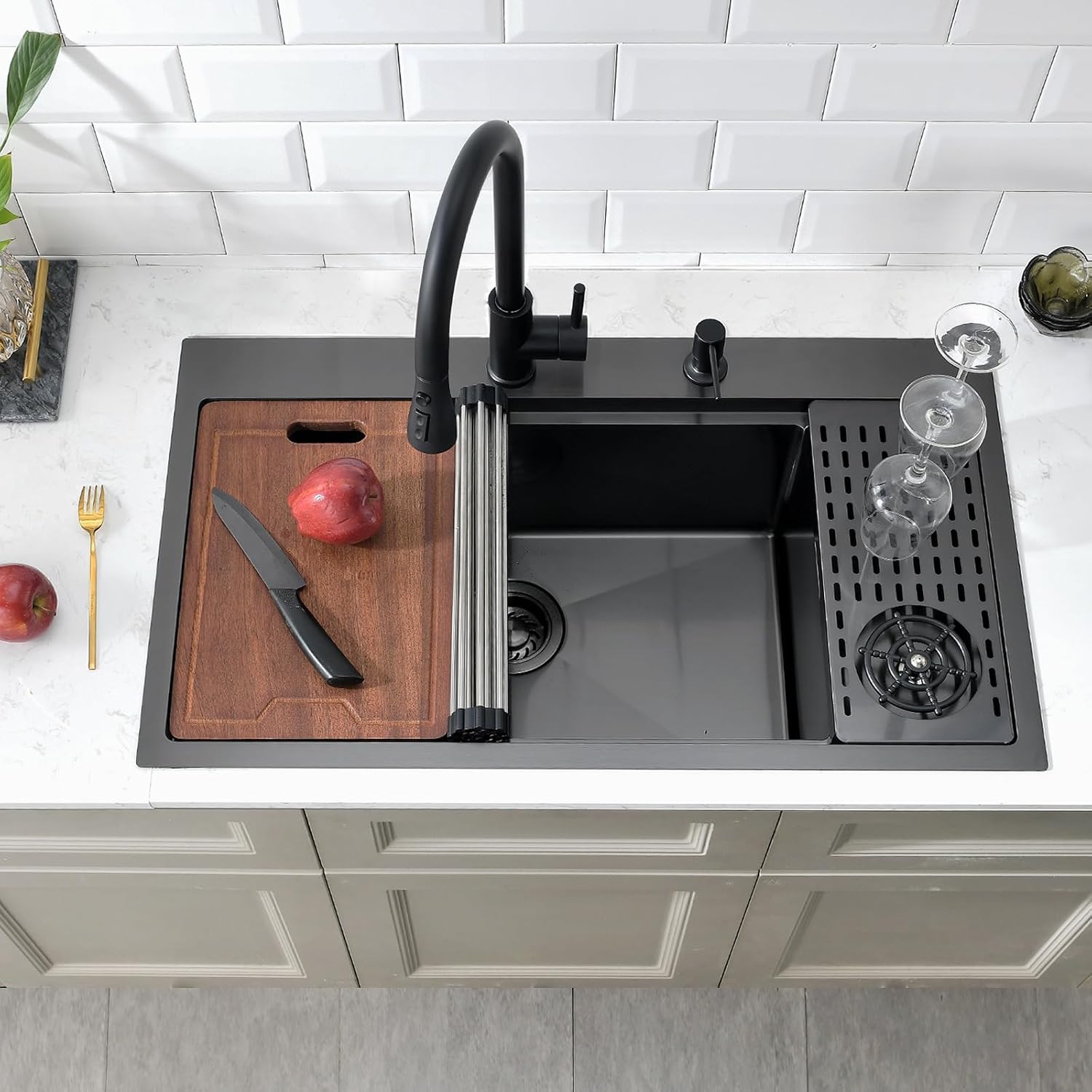 33x19 Drop In Black Kitchen Sink with Glass Rinser, 33x19x10 Inches Drop In 16 Gauge Gunmetal Black Stainless Steel Single Bowl Workstation Kitchen Si