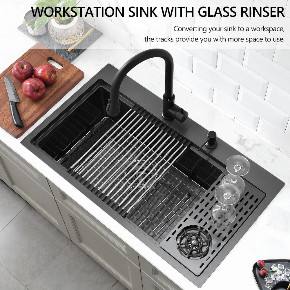33x19 Drop In Black Kitchen Sink with Glass Rinser, 33x19x10 Inches Drop In 16 Gauge Gunmetal Black Stainless Steel Single Bowl Workstation Kitchen Si