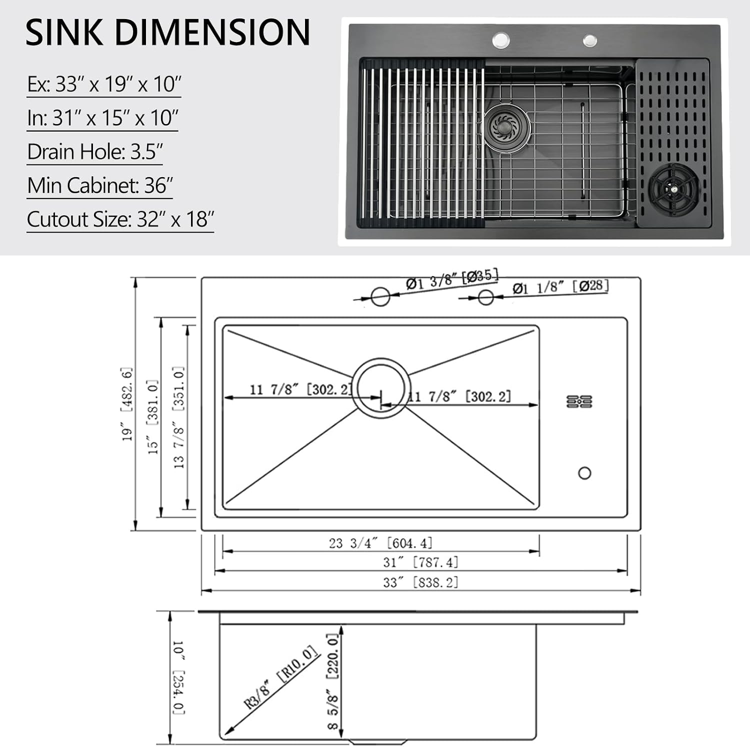 33x19 Drop In Black Kitchen Sink with Glass Rinser, 33x19x10 Inches Drop In 16 Gauge Gunmetal Black Stainless Steel Single Bowl Workstation Kitchen Si