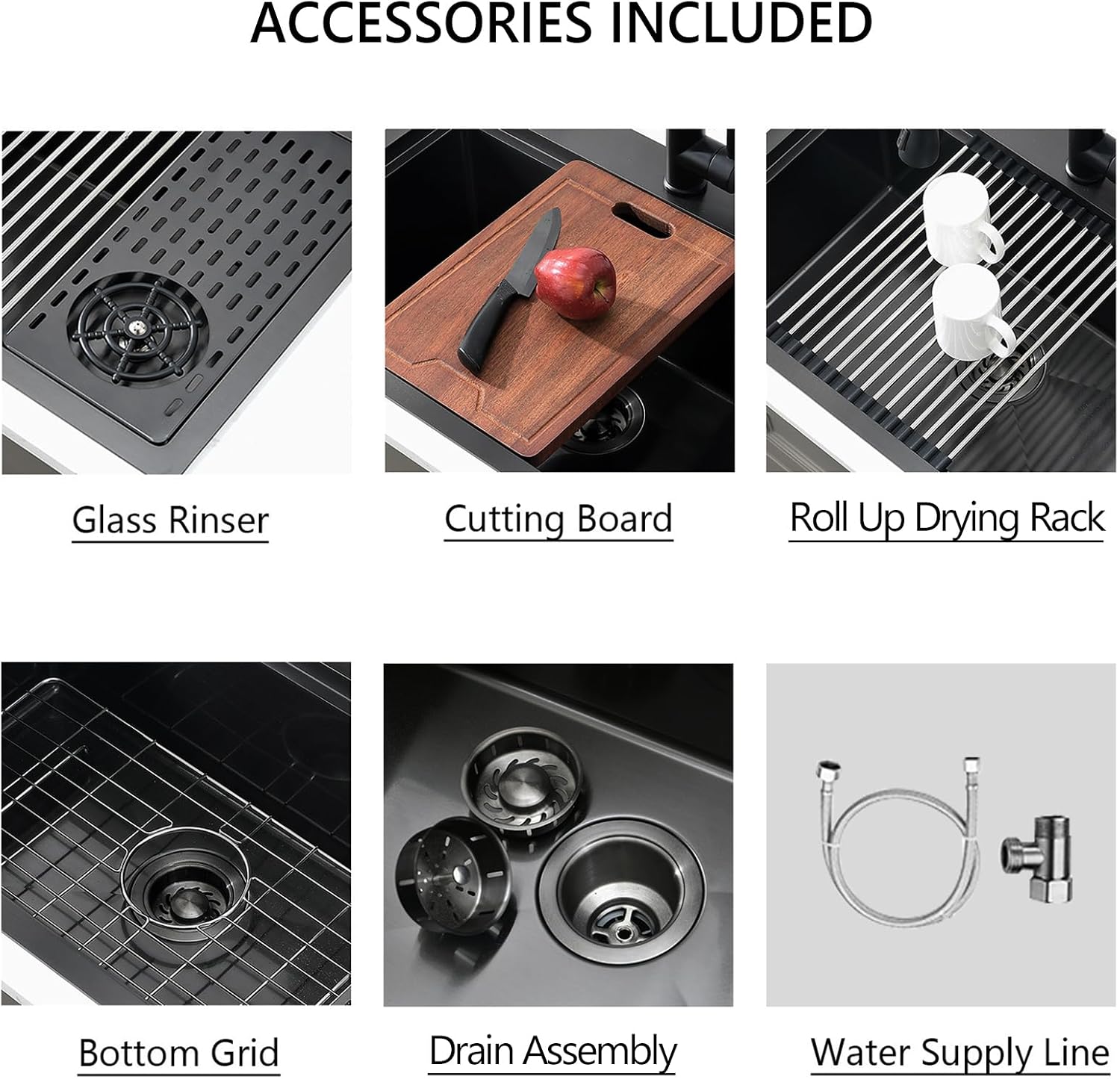 33x19 Drop In Black Kitchen Sink with Glass Rinser, 33x19x10 Inches Drop In 16 Gauge Gunmetal Black Stainless Steel Single Bowl Workstation Kitchen Si