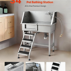 34" Dog Washing Station Professional Stainless Steel Pet Grooming Tub Bathtub Dog Wash Sink with Shower Faucet Soap Holder Non-Slip Stairs Easy-Clean