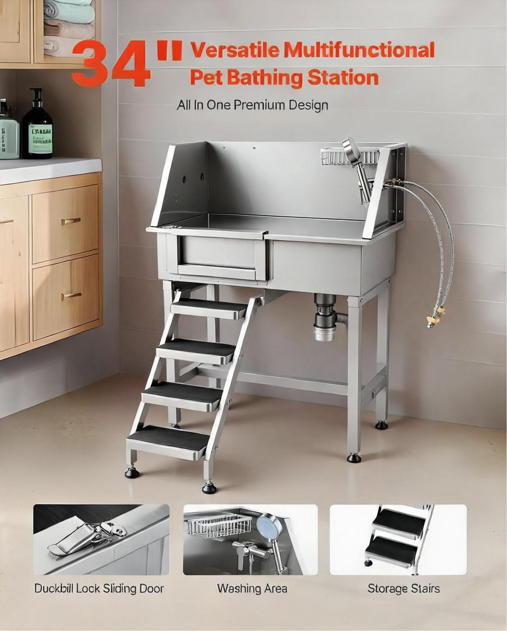 34" Dog Washing Station Professional Stainless Steel Pet Grooming Tub Bathtub Dog Wash Sink with Shower Faucet Soap Holder Non-Slip Stairs Easy-Clean