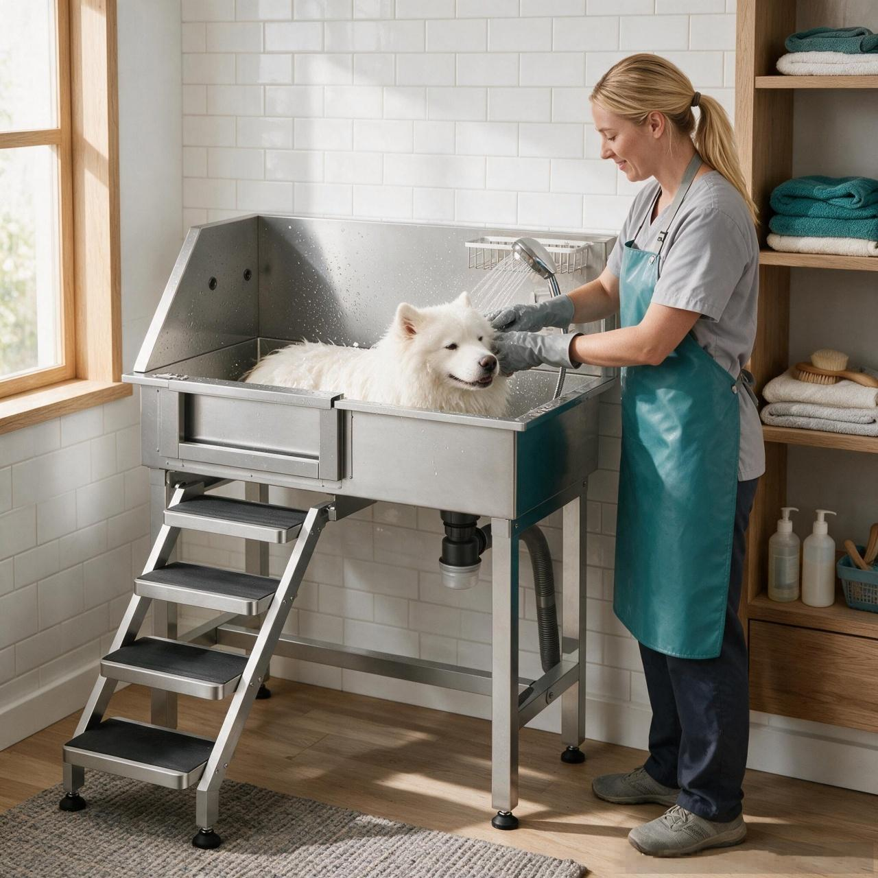 34" Dog Washing Station Professional Stainless Steel Pet Grooming Tub Bathtub Dog Wash Sink with Shower Faucet Soap Holder Non-Slip Stairs Easy-Clean