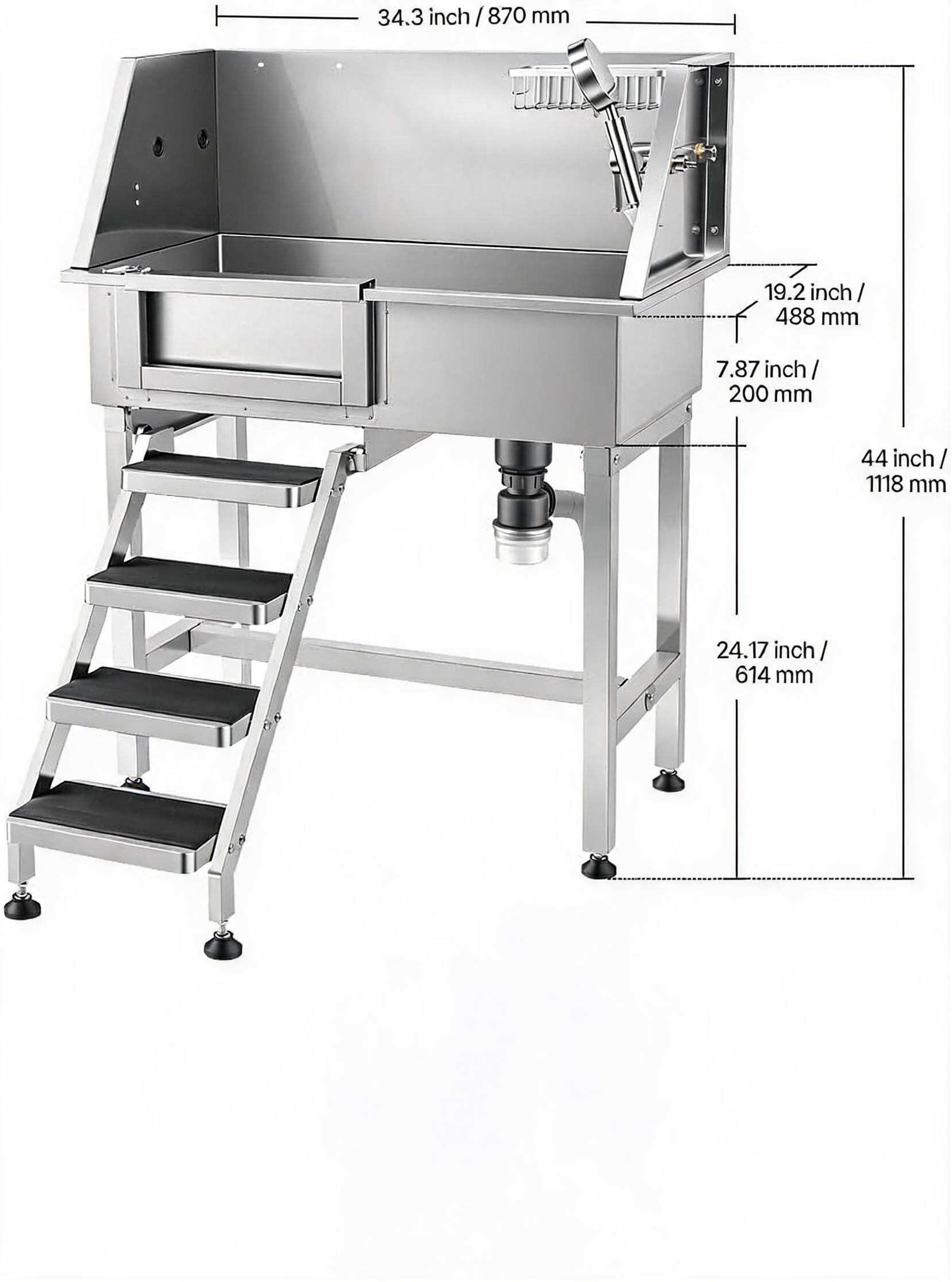 34" Dog Washing Station Professional Stainless Steel Pet Grooming Tub Bathtub Dog Wash Sink with Shower Faucet Soap Holder Non-Slip Stairs Easy-Clean