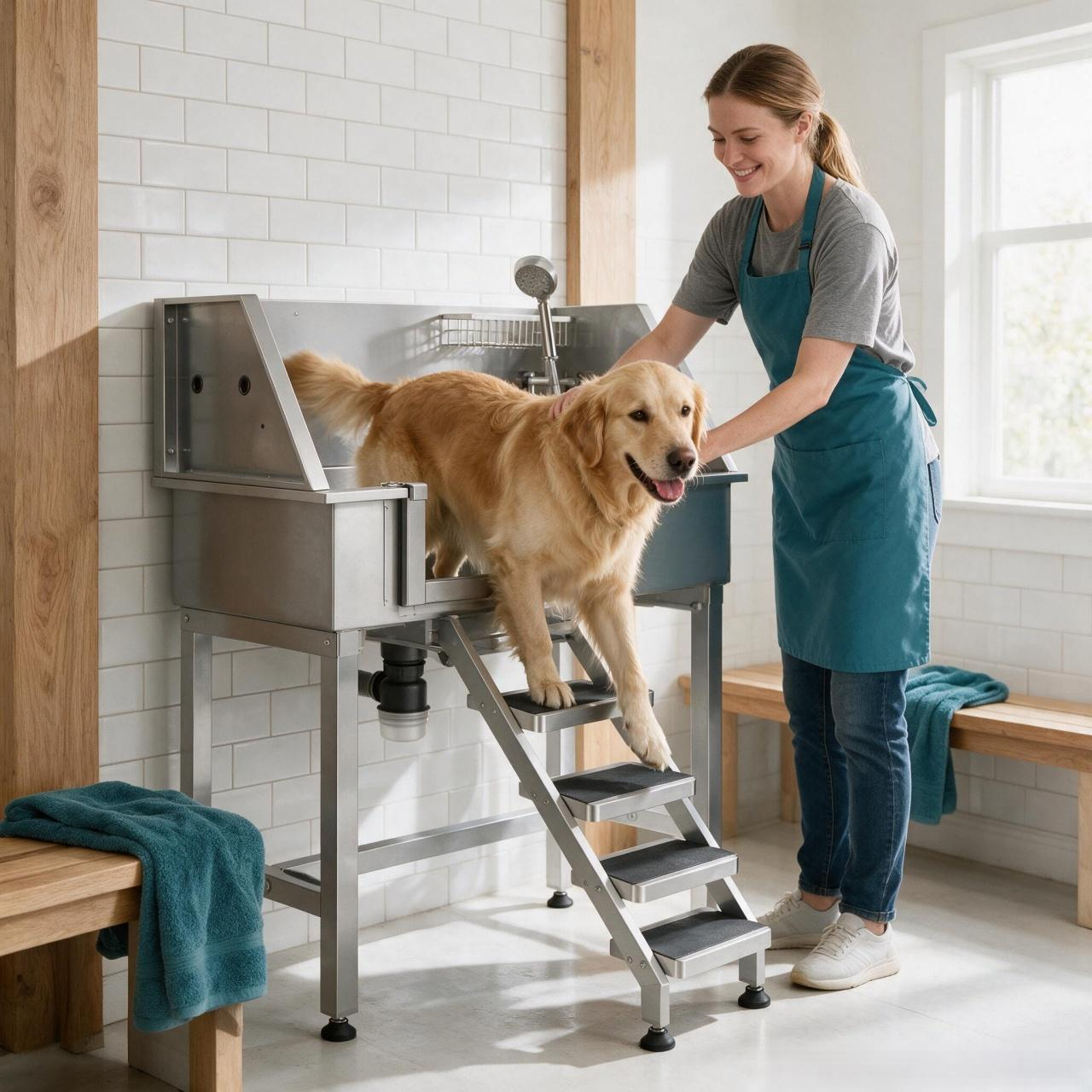 34" Dog Washing Station Professional Stainless Steel Pet Grooming Tub Bathtub Dog Wash Sink with Shower Faucet Soap Holder Non-Slip Stairs Easy-Clean