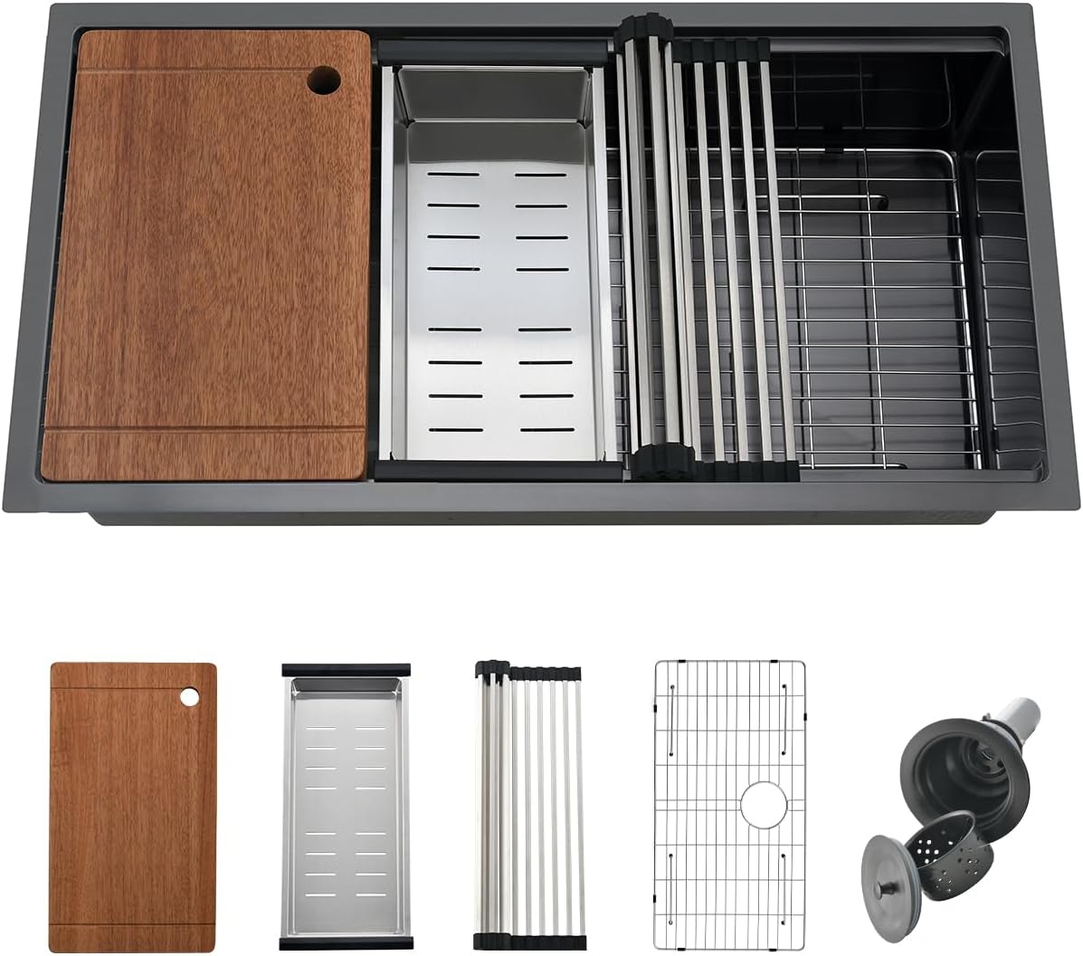 36 Black Undermount Worksation Kitchen Sink, 36x19 Inch 16Gauge Large Black Stainless Steel Undermount Kitchen Sinks With Accessories