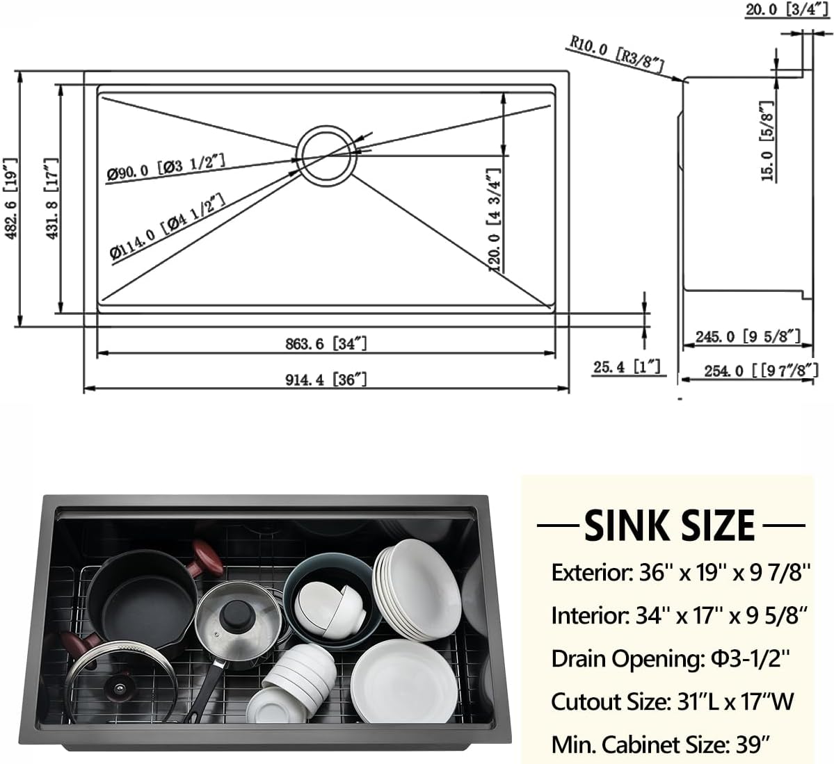 36 Black Undermount Worksation Kitchen Sink, 36x19 Inch 16Gauge Large Black Stainless Steel Undermount Kitchen Sinks With Accessories