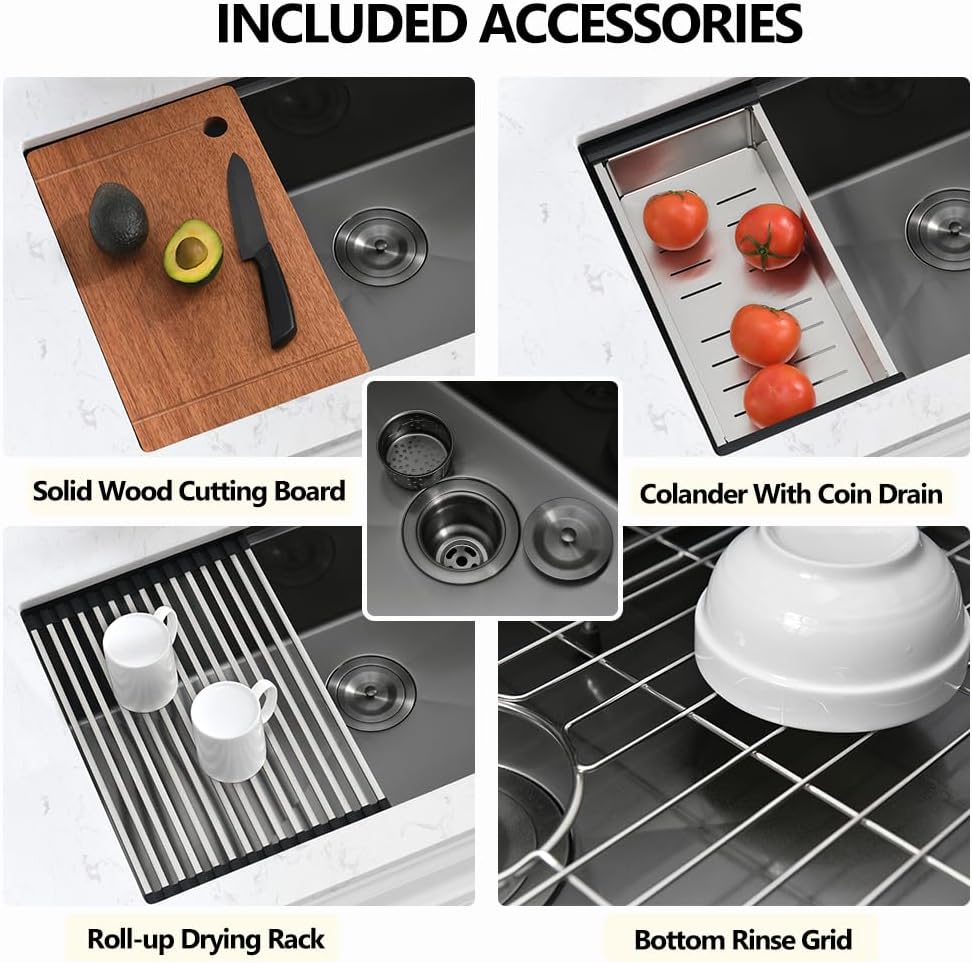 36 Black Undermount Worksation Kitchen Sink, 36x19 Inch 16Gauge Large Black Stainless Steel Undermount Kitchen Sinks With Accessories