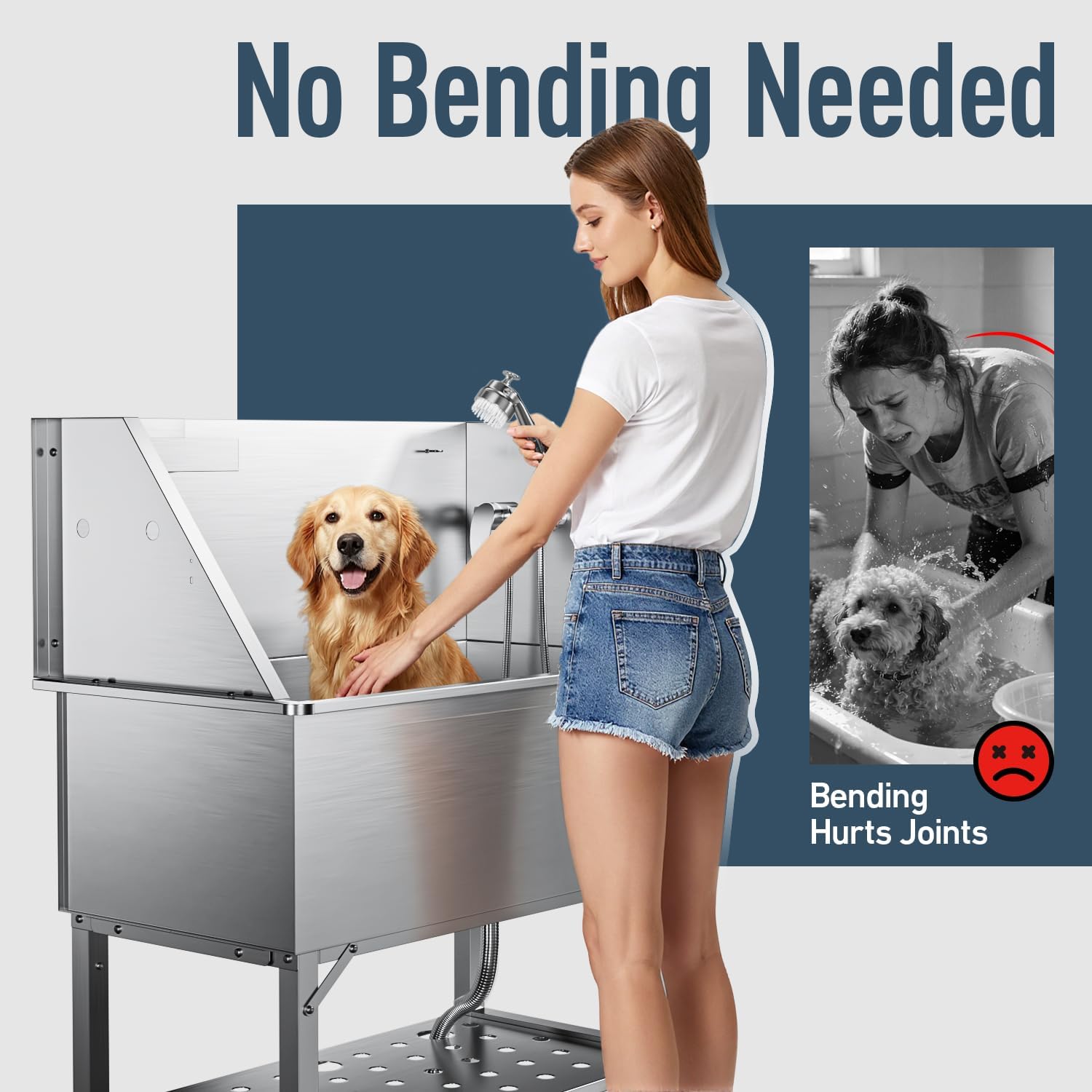 38" Stainless Steel Dog Washing Station - 304 Seamless Soaking Tub for Small & Medium Dogs, Non-Slip & Leak-Proof Pet Grooming Sink with Bottom Storag