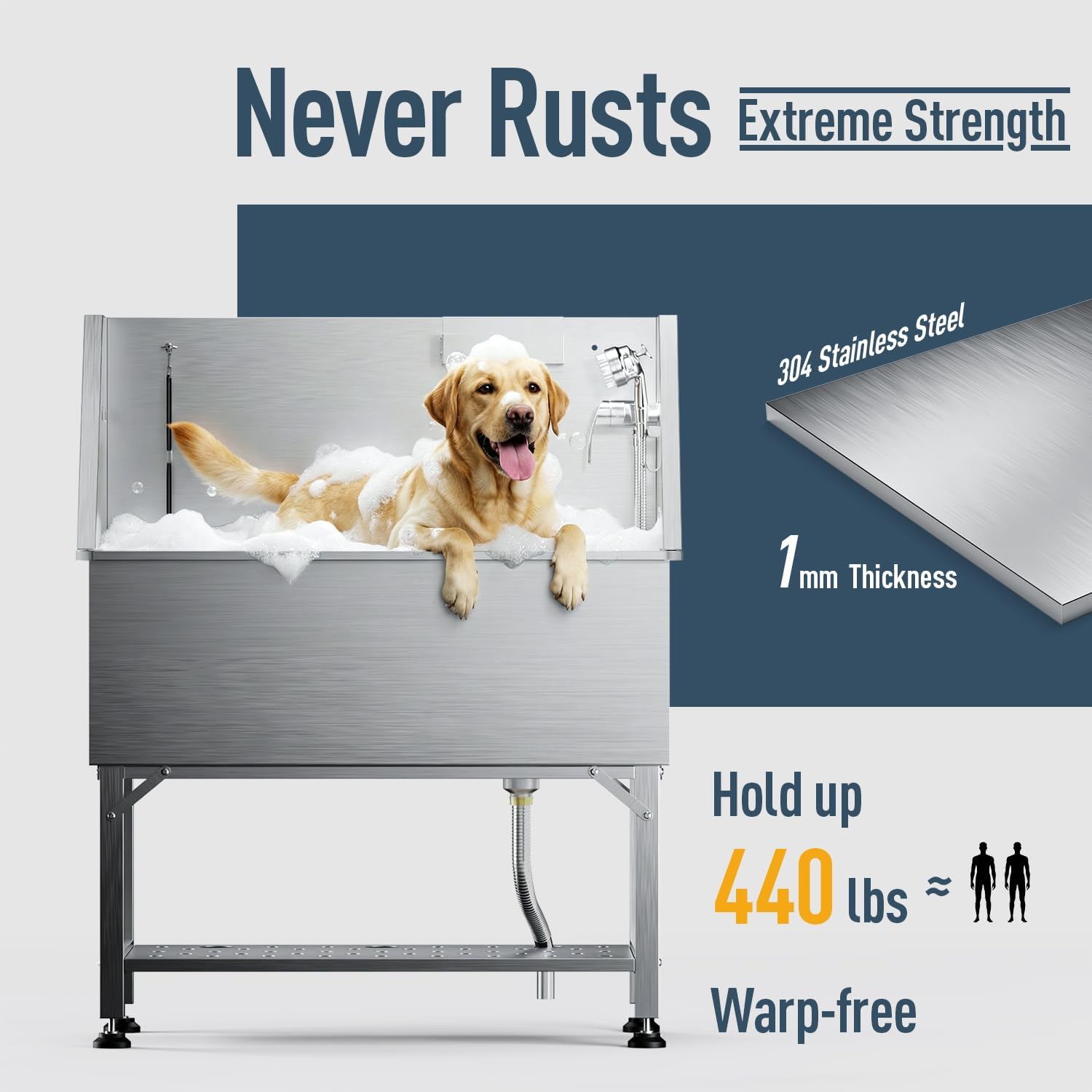 38" Stainless Steel Dog Washing Station - 304 Seamless Soaking Tub for Small & Medium Dogs, Non-Slip & Leak-Proof Pet Grooming Sink with Bottom Storag