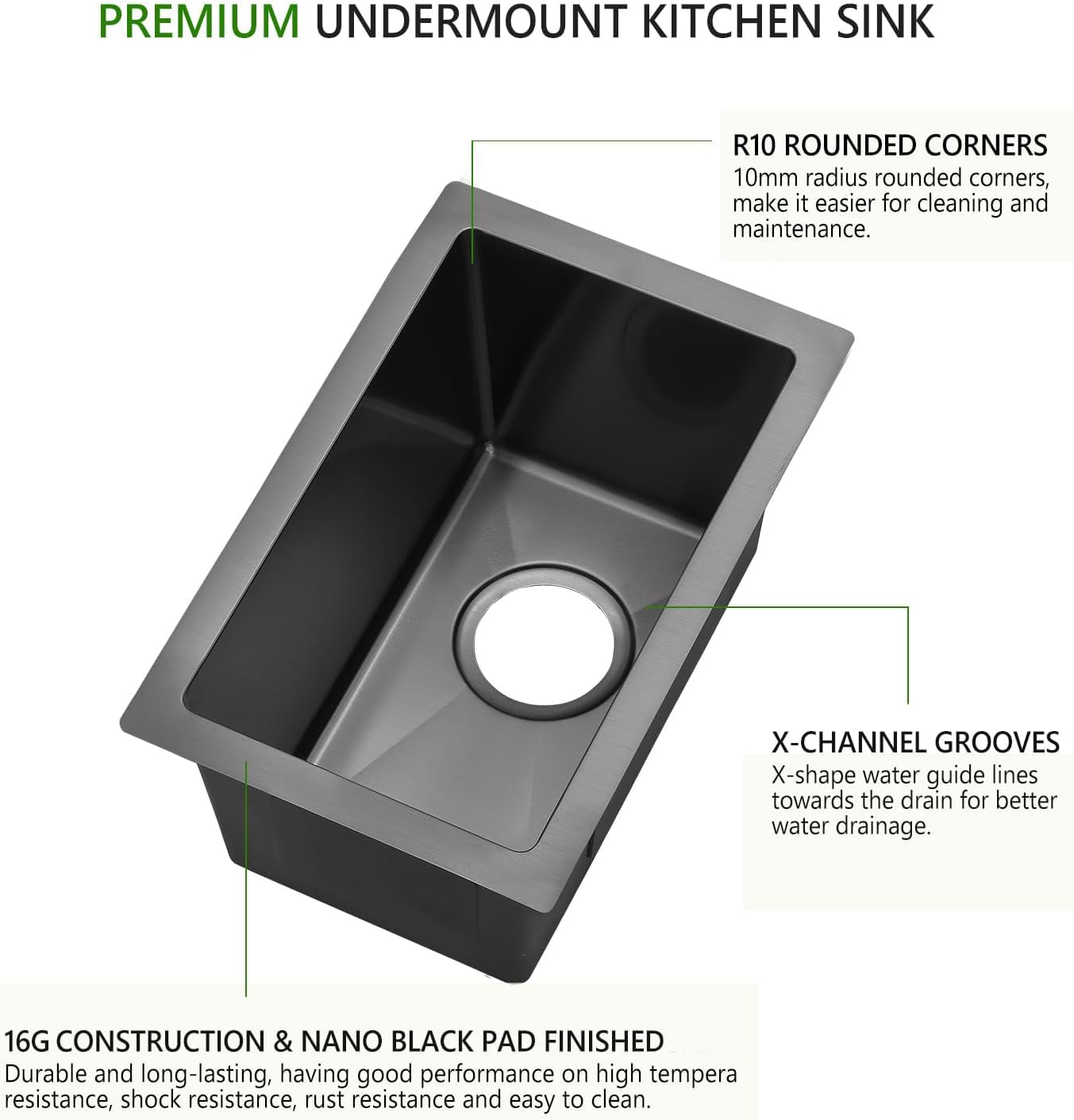 9x15 Black Undermount Small Bar Sink, 9 Inch 16Gauge Undermount Black Small Kitchen Bar Sinks