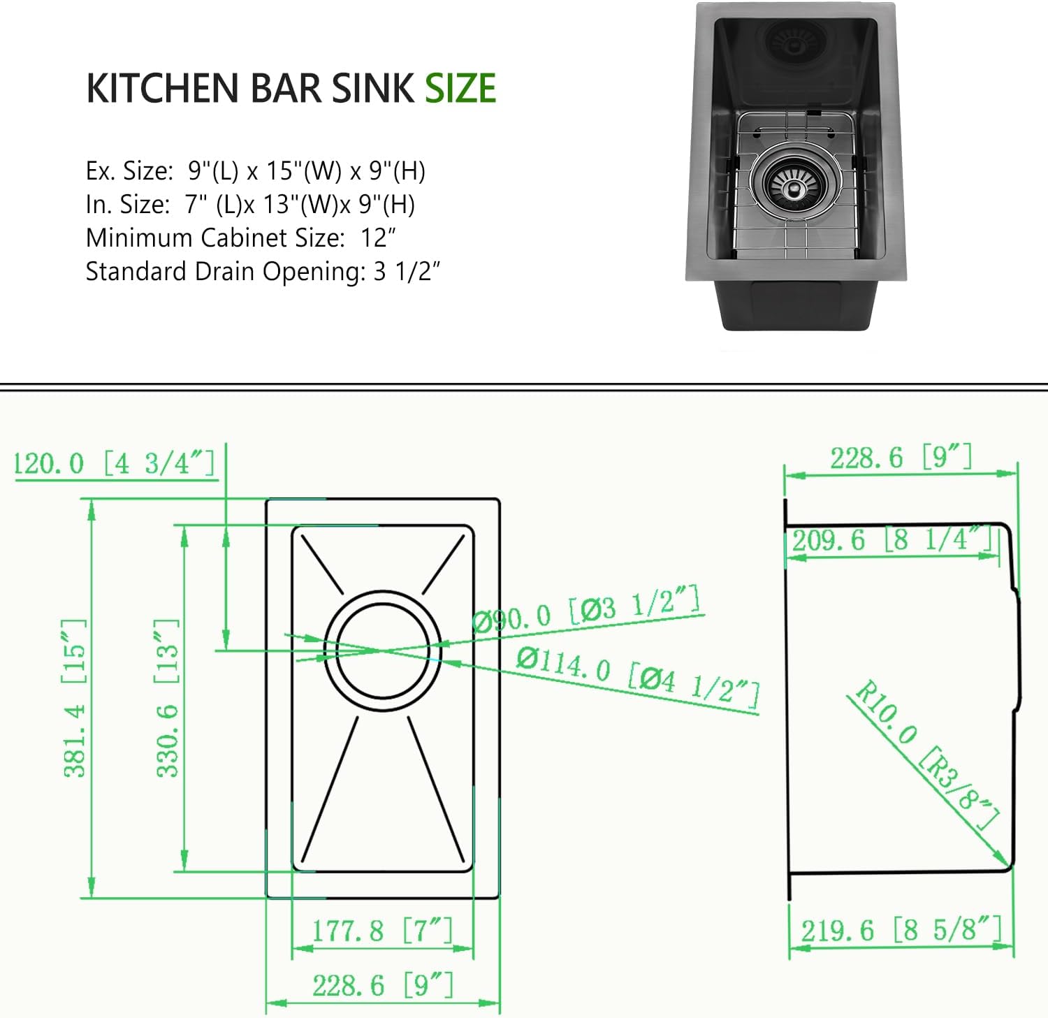 9x15 Black Undermount Small Bar Sink, 9 Inch 16Gauge Undermount Black Small Kitchen Bar Sinks