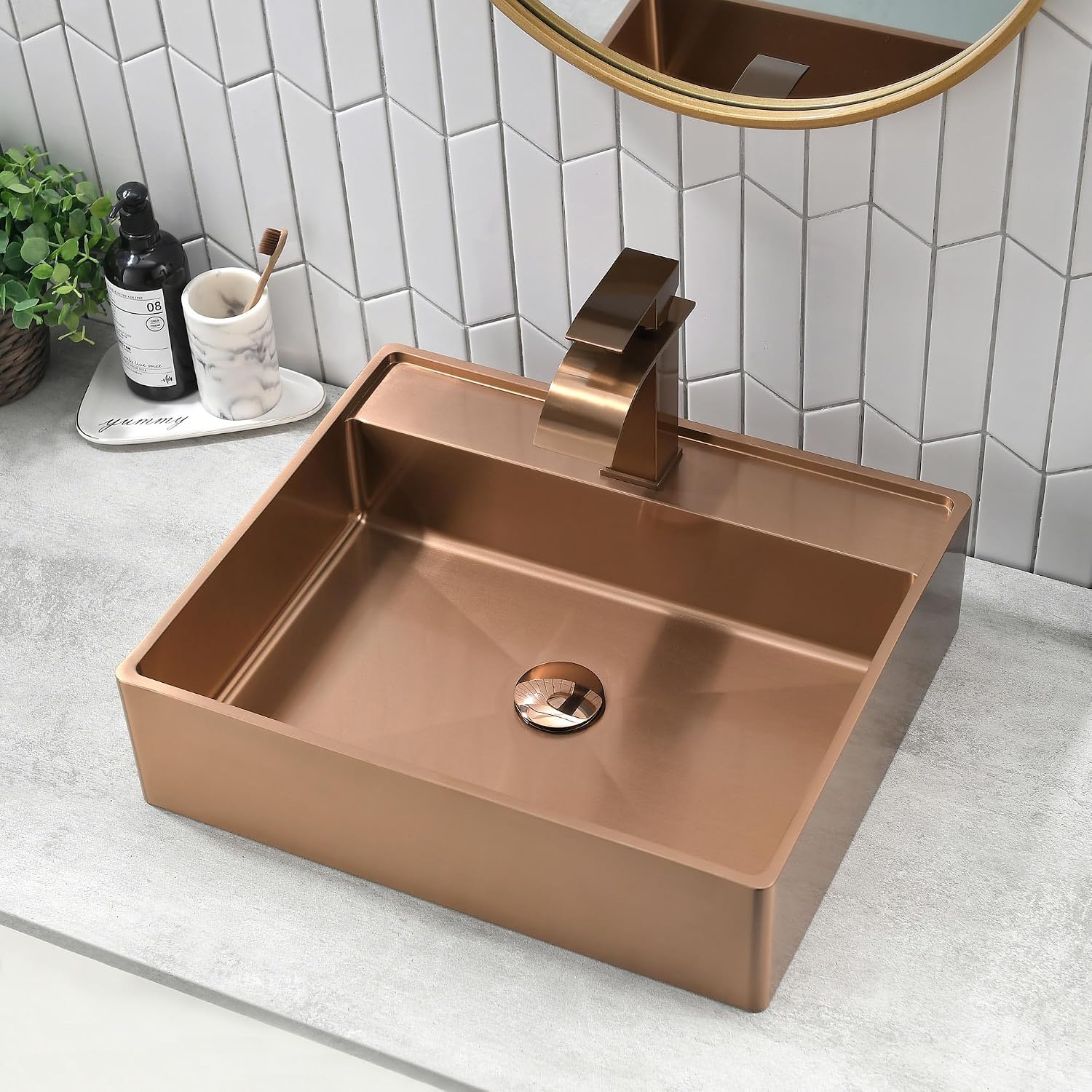 Gold Bathroom Vessel Sink, 19 x 16 Inch Stainless Steel Vessel Sink, Above Counter Rectangle Vessel Basin Bathroom Wash Sink, Sink Only