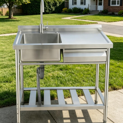Stainless Steel Utility Sink with Right-Hand Drawer, Heavy Duty Freestanding Laundry Sink Workstation for Outdoor Kitchen, Garage & Pet Wash, Commerci
