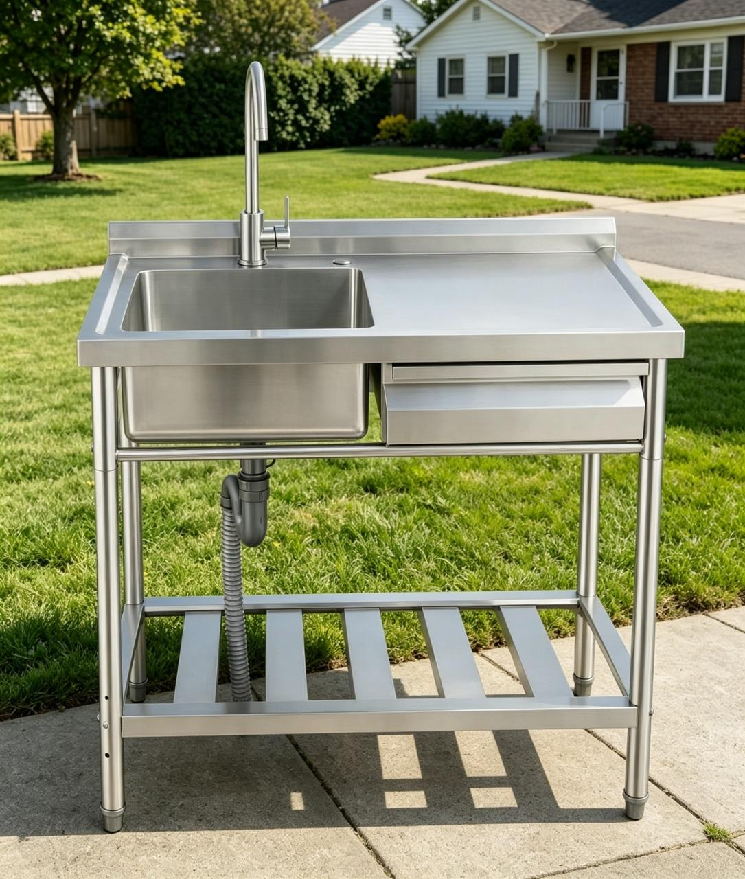 Stainless Steel Utility Sink with Right-Hand Drawer, Heavy Duty Freestanding Laundry Sink Workstation for Outdoor Kitchen, Garage & Pet Wash, Commerci