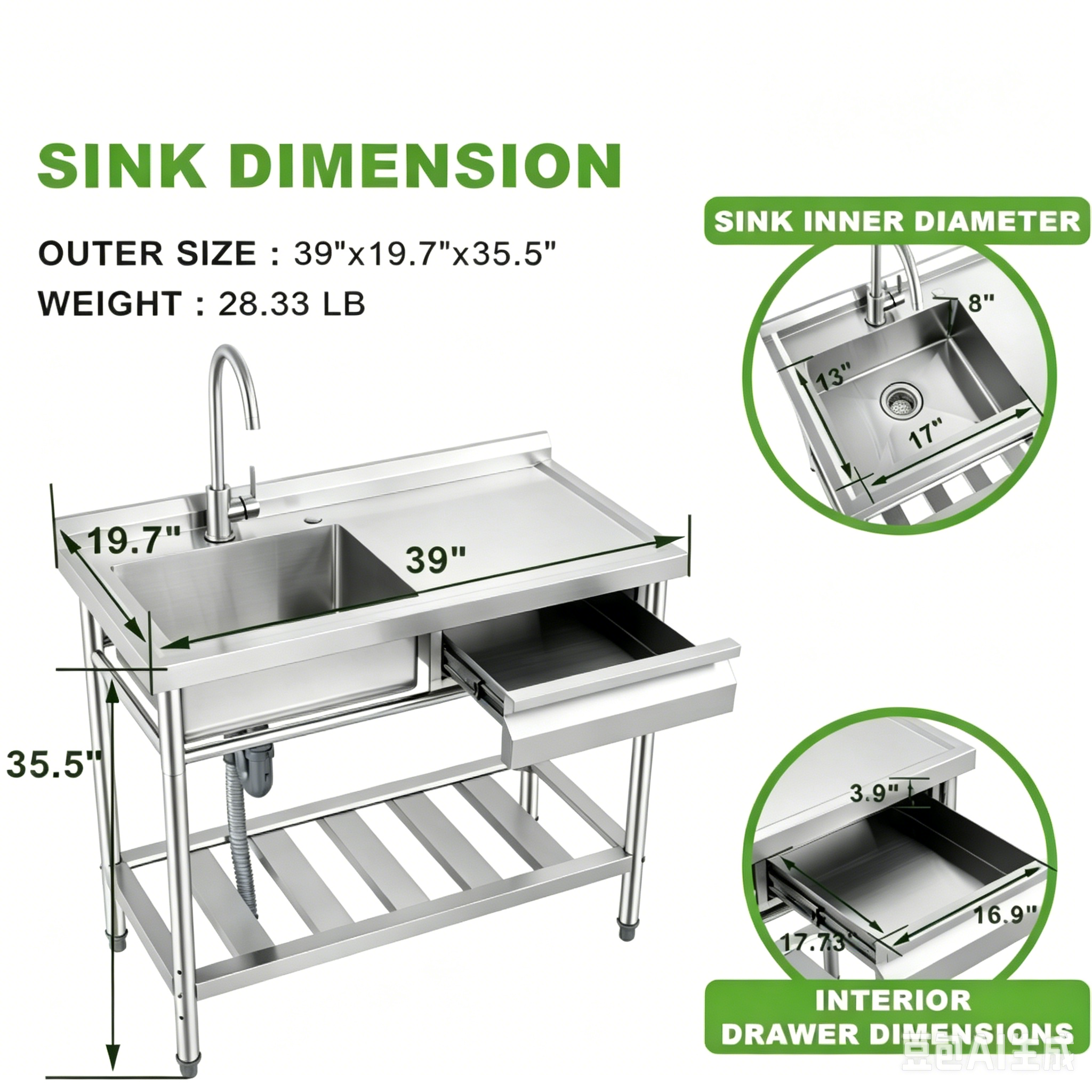 Stainless Steel Utility Sink with Right-Hand Drawer, Heavy Duty Freestanding Laundry Sink Workstation for Outdoor Kitchen, Garage & Pet Wash, Commerci