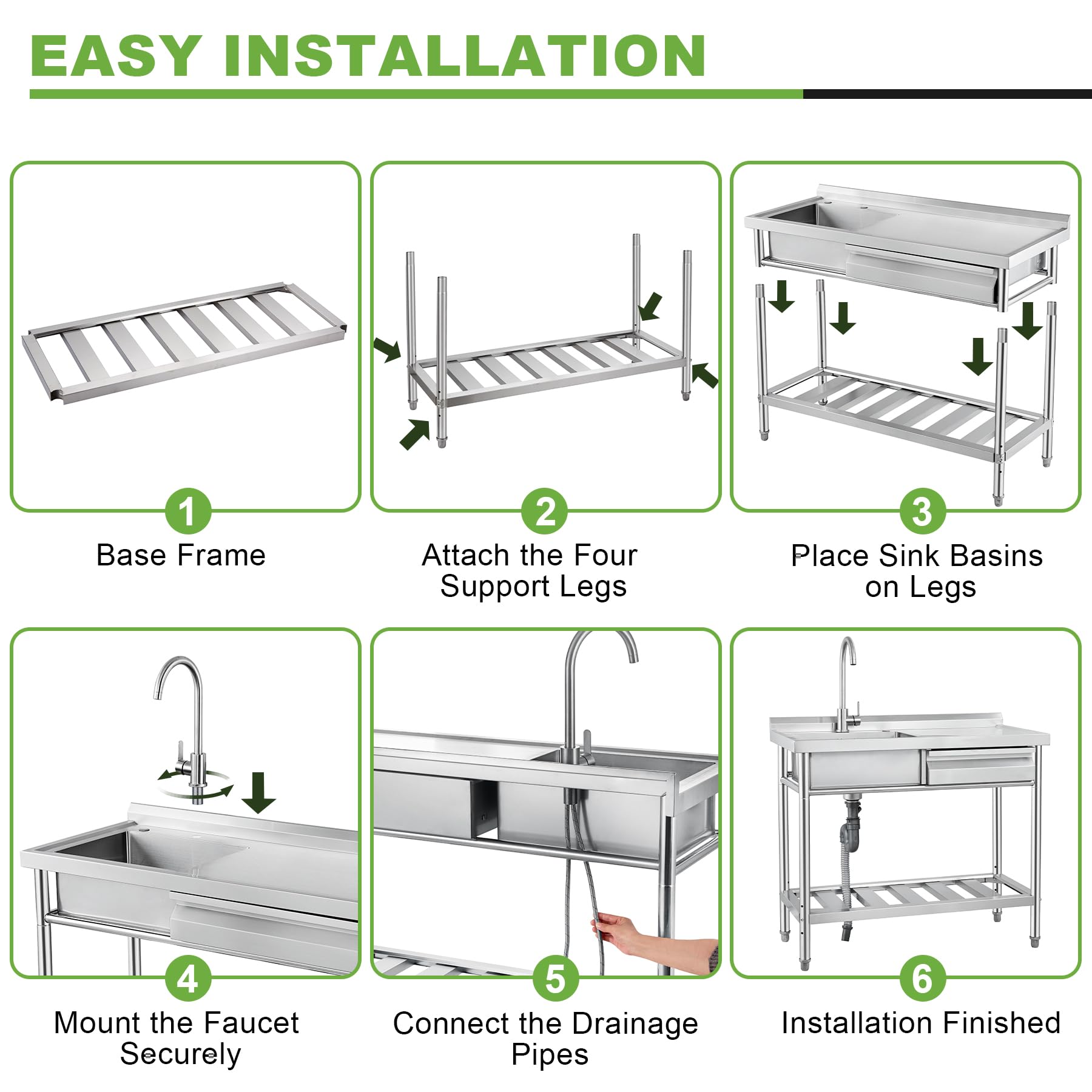 Stainless Steel Utility Sink with Right-Hand Drawer, Heavy Duty Freestanding Laundry Sink Workstation for Outdoor Kitchen, Garage & Pet Wash, Commerci