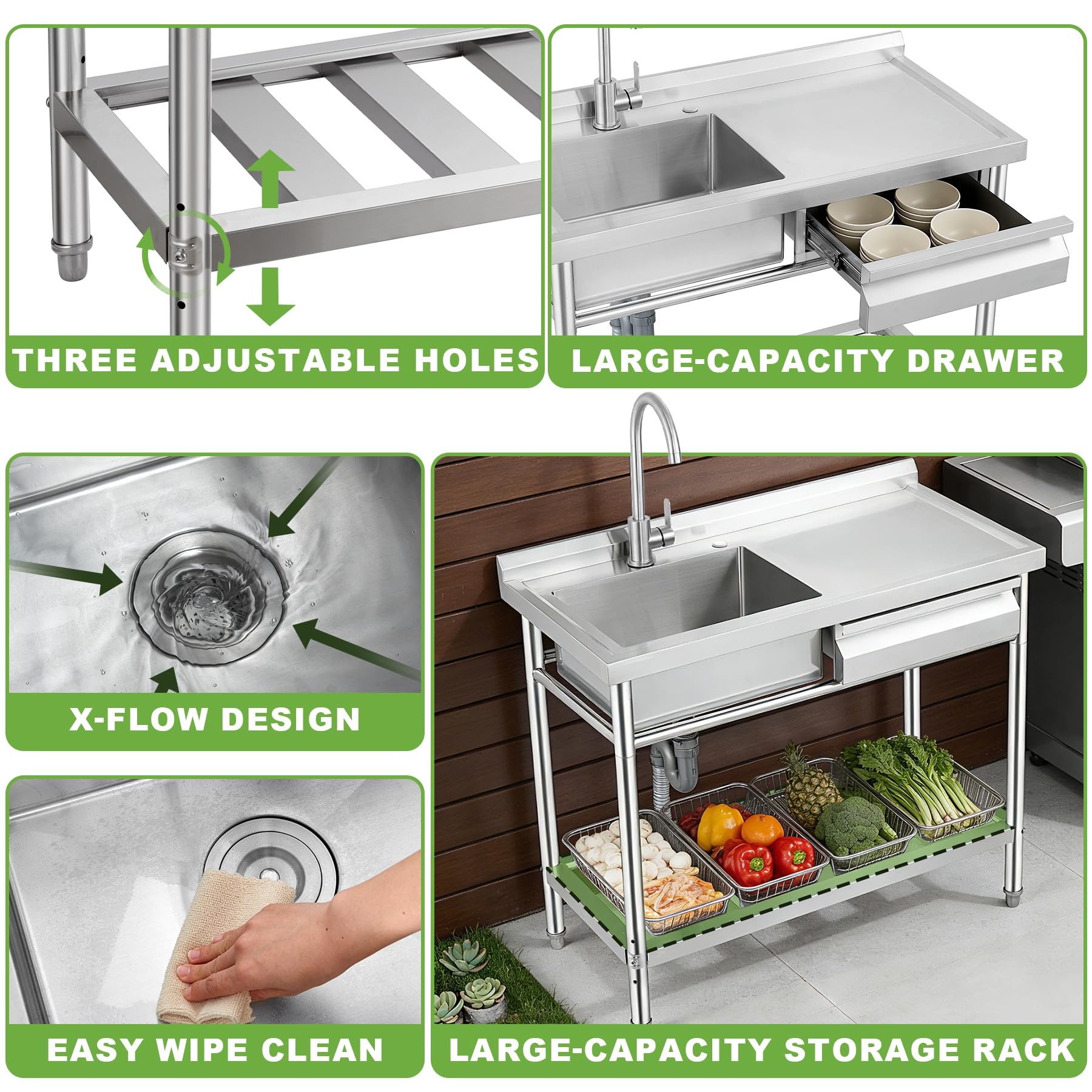Stainless Steel Utility Sink with Right-Hand Drawer, Heavy Duty Freestanding Laundry Sink Workstation for Outdoor Kitchen, Garage & Pet Wash, Commerci