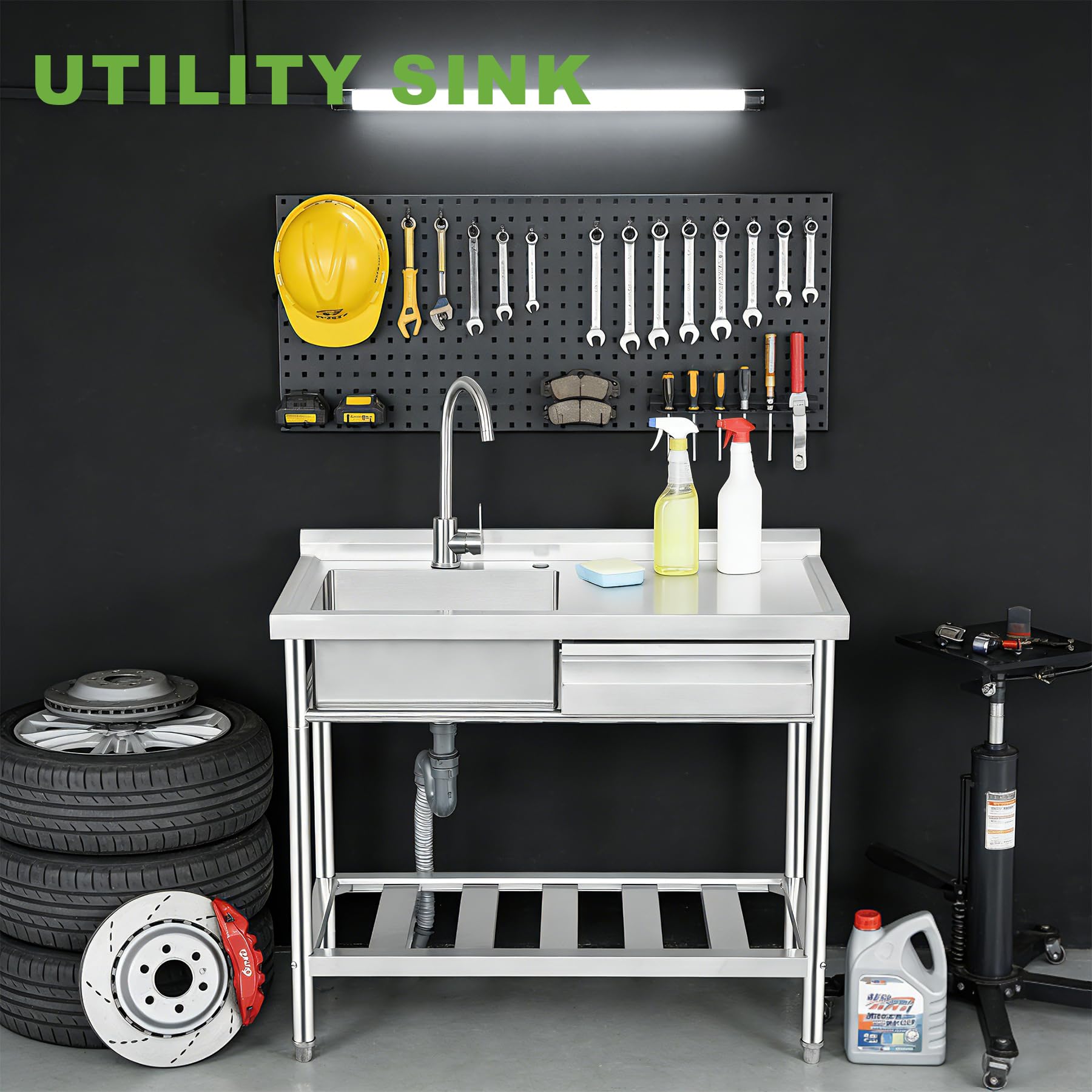 Stainless Steel Utility Sink with Right-Hand Drawer, Heavy Duty Freestanding Laundry Sink Workstation for Outdoor Kitchen, Garage & Pet Wash, Commerci